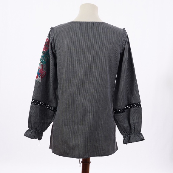 Caleooa women’s Pinstriped Embroidery Sequin Floral Blouse Ruffle Shoulder Boho - Picture 4 of 6